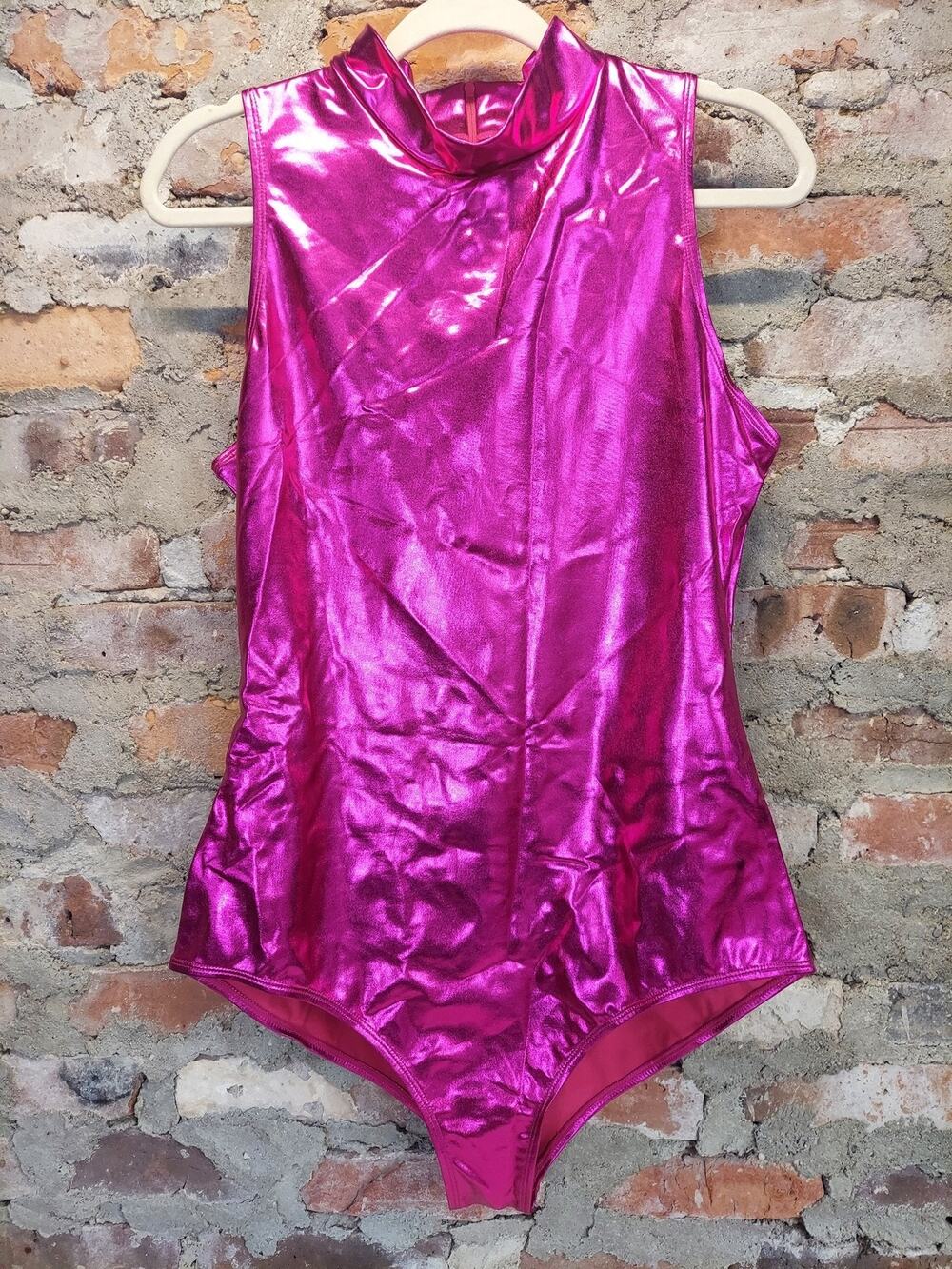 Kepbloom Womens Metallic Pink Bodysuit XL High Neck Sleeveless Leotard Zipper